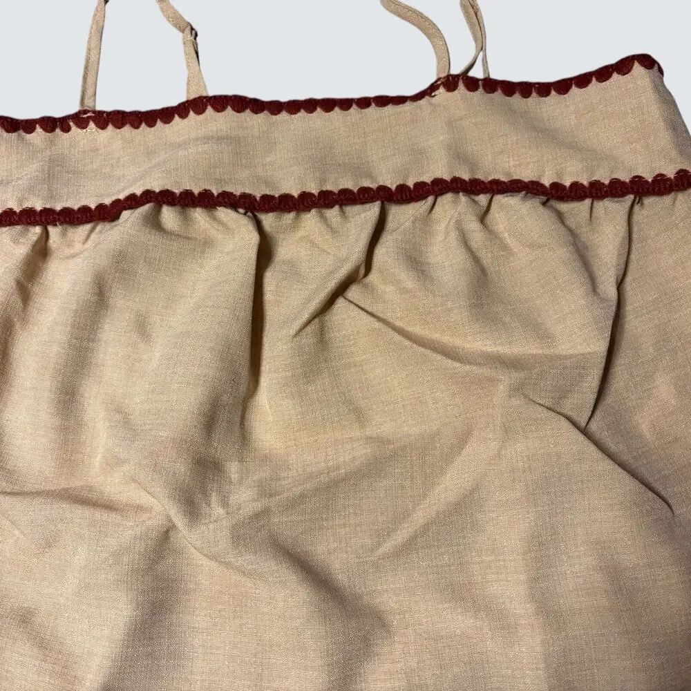 Boutique Khaki Linen Blend Tank Shorts Set Wine Trim Scallop Size M 6 Two Piece